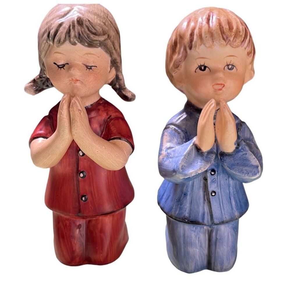 Vintage Schmid Bros ceramic praying boy girl Midcentury figurines.